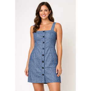 Neiman Marcus Chambray Button Front Dress Size 10 Blue Textured Sleeveless Mini